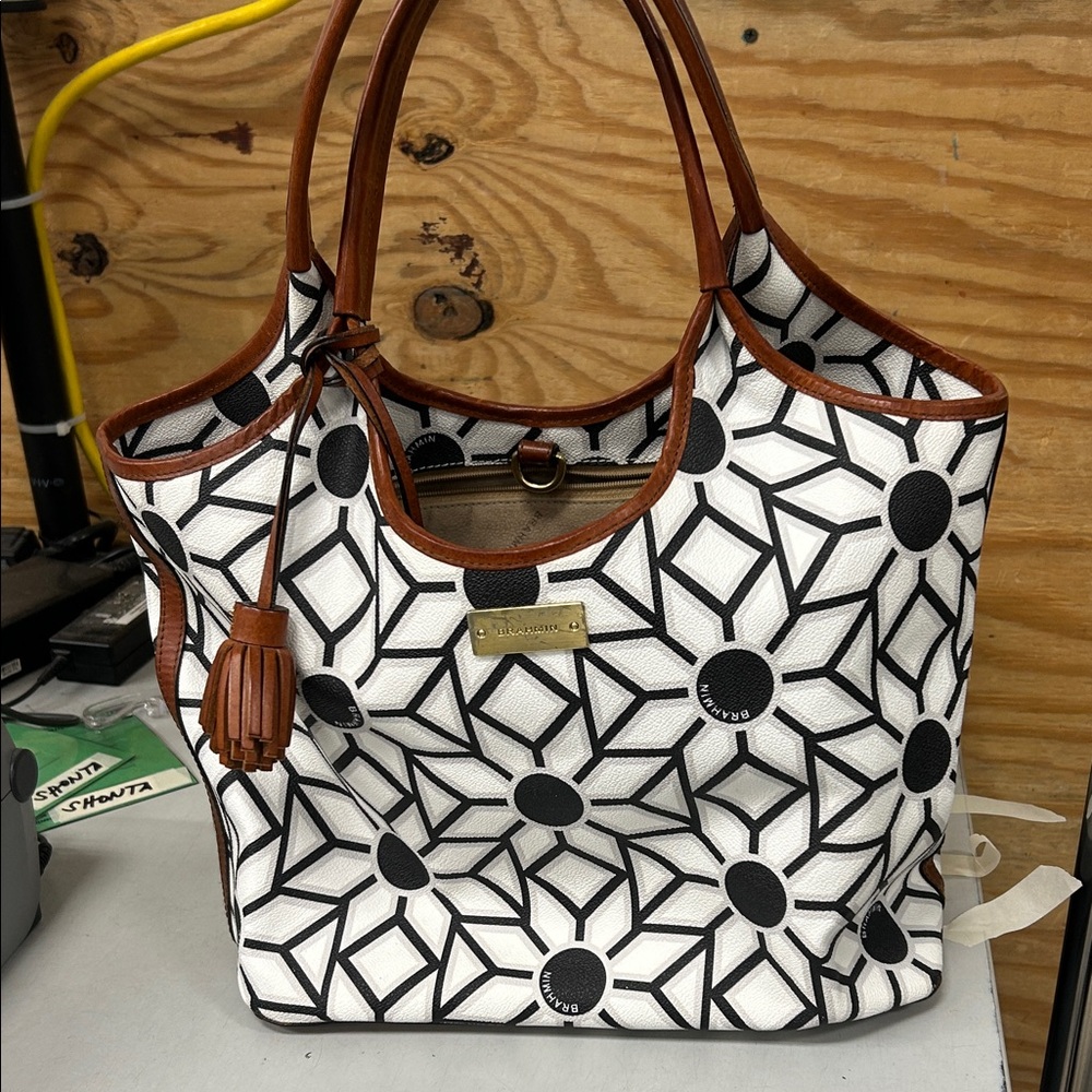 Brahmin Black and White Geometric Tote
